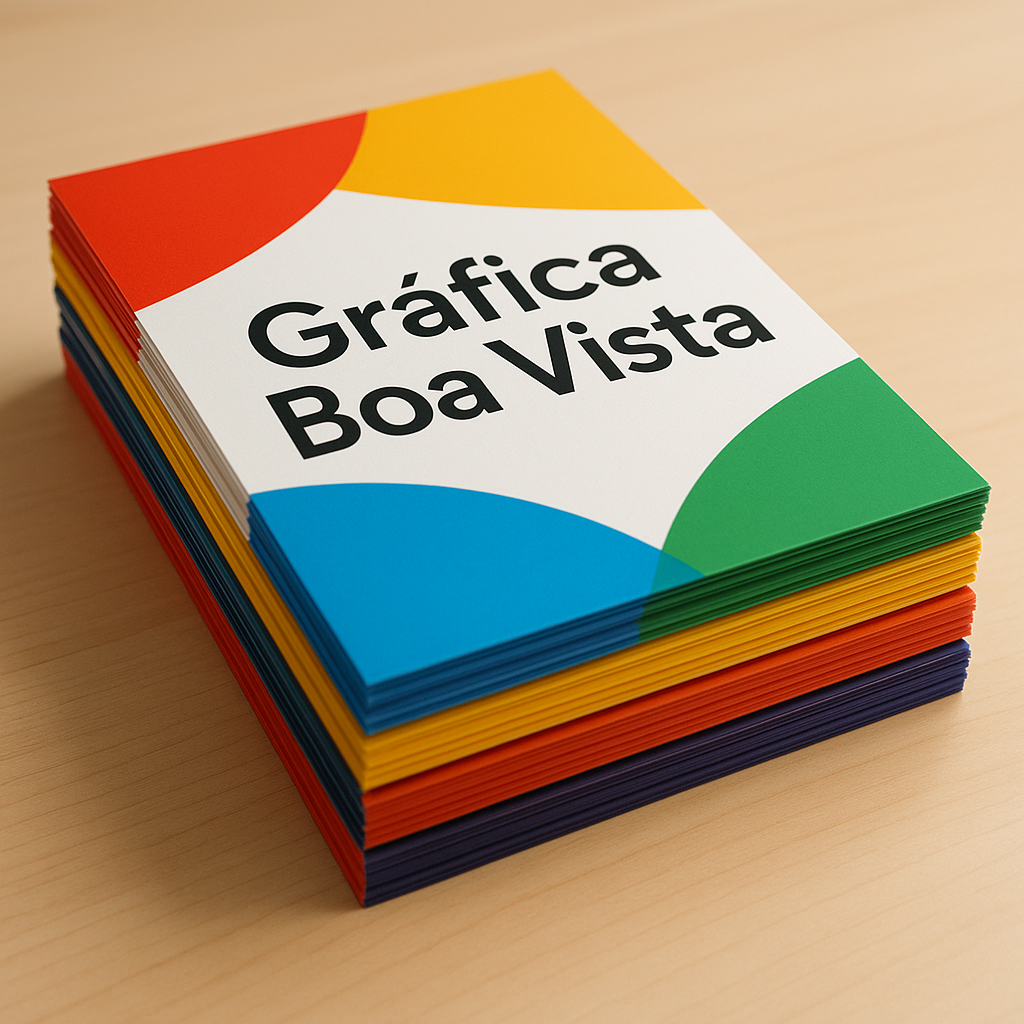 Interior de gráfica em Curitiba com pilhas de panfletos impressos e equipamentos de impressão.