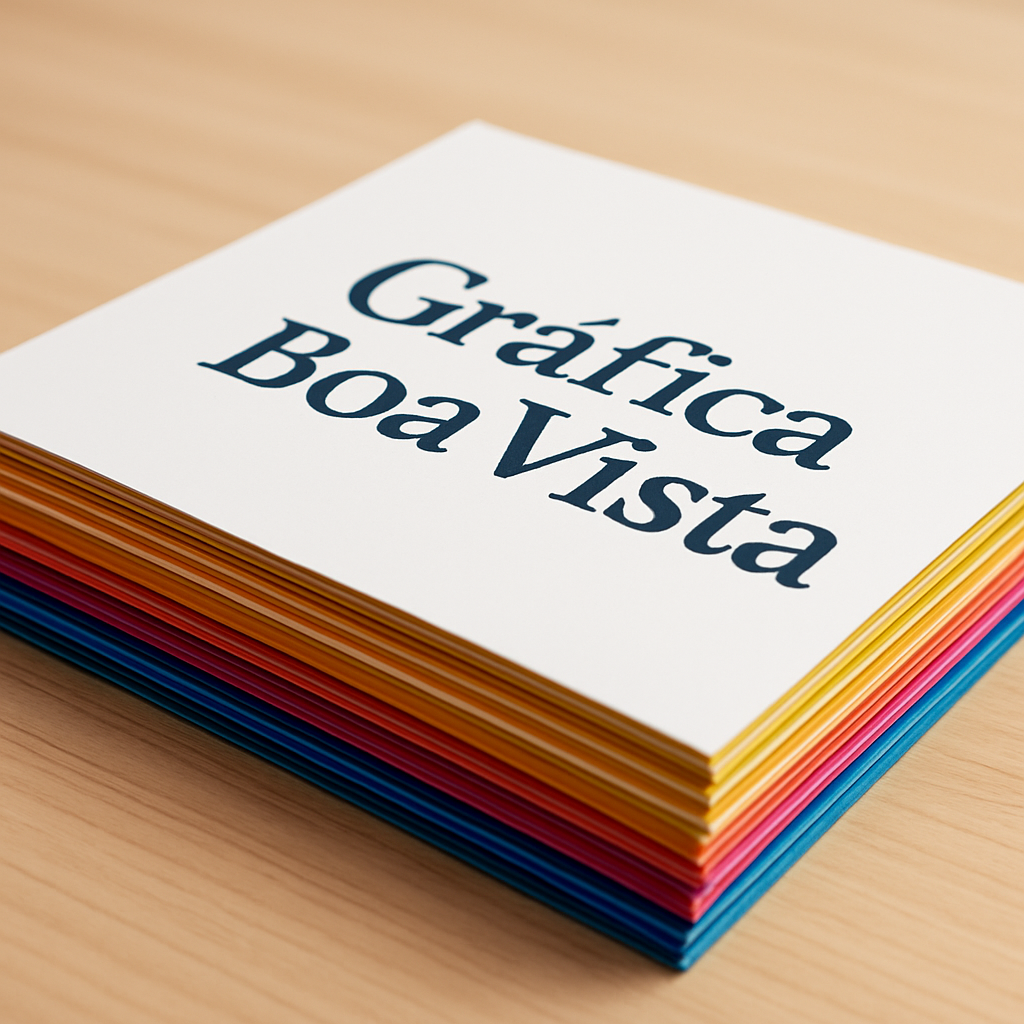 Interior de gráfica em Curitiba com pilhas de panfletos impressos e equipamentos de impressão.