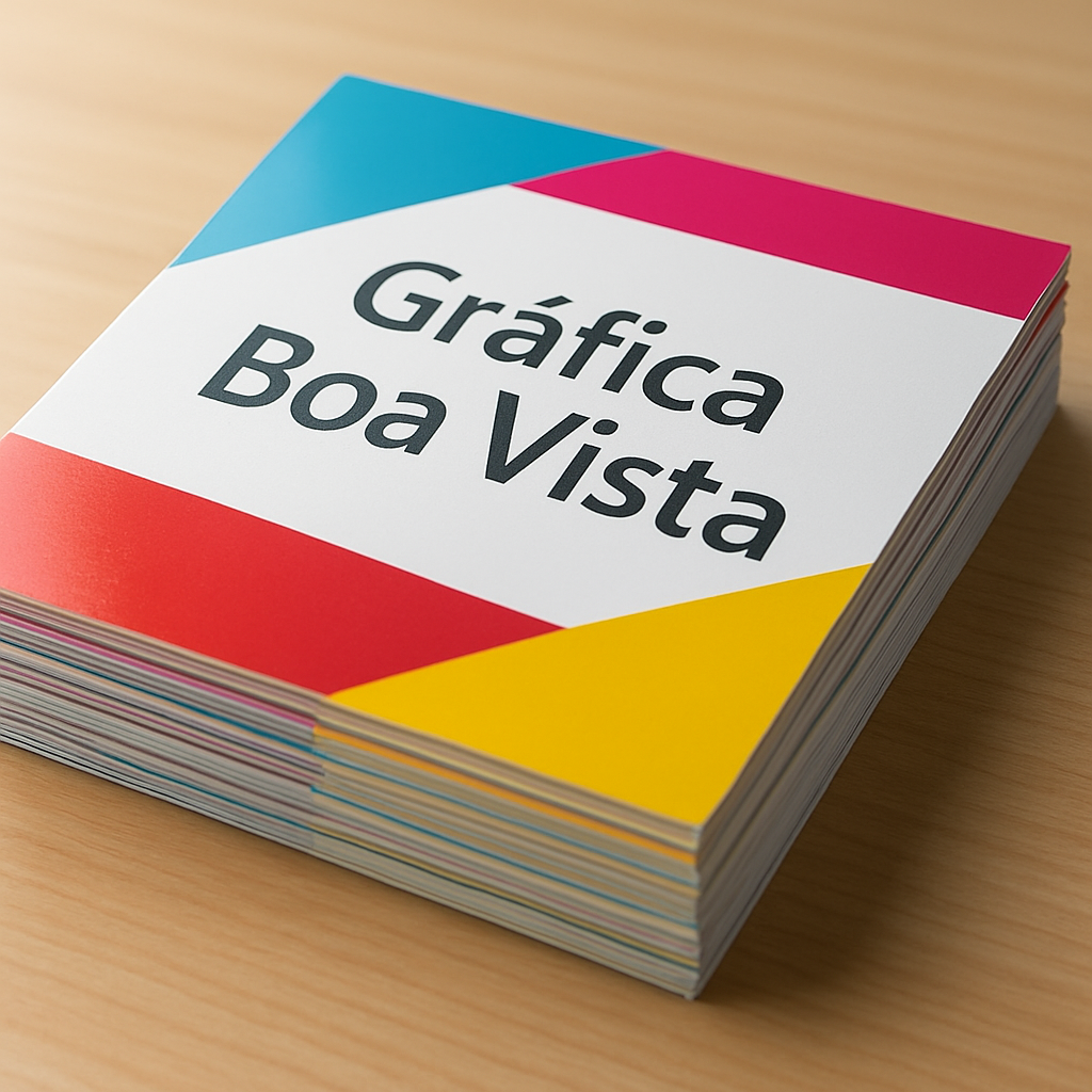 Interior de gráfica em Curitiba com pilhas de panfletos impressos e equipamentos de impressão.