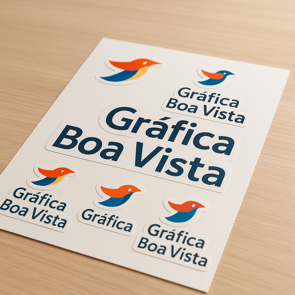 Foto de adesivos vinil personalizados em uma gráfica, com acabamento profissional e aparência comercial