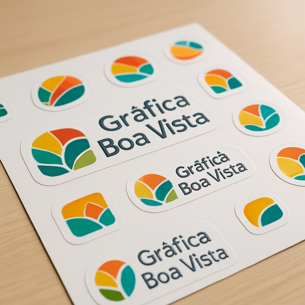 Foto de adesivos vinil personalizados em uma gráfica, com acabamento profissional e aparência comercial