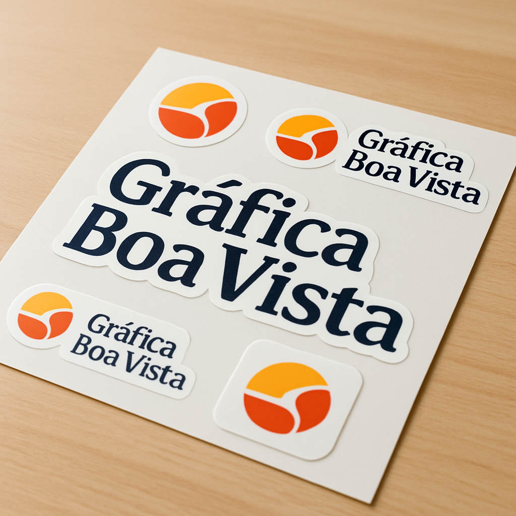 Foto de adesivos vinil personalizados em uma gráfica, com acabamento profissional e aparência comercial