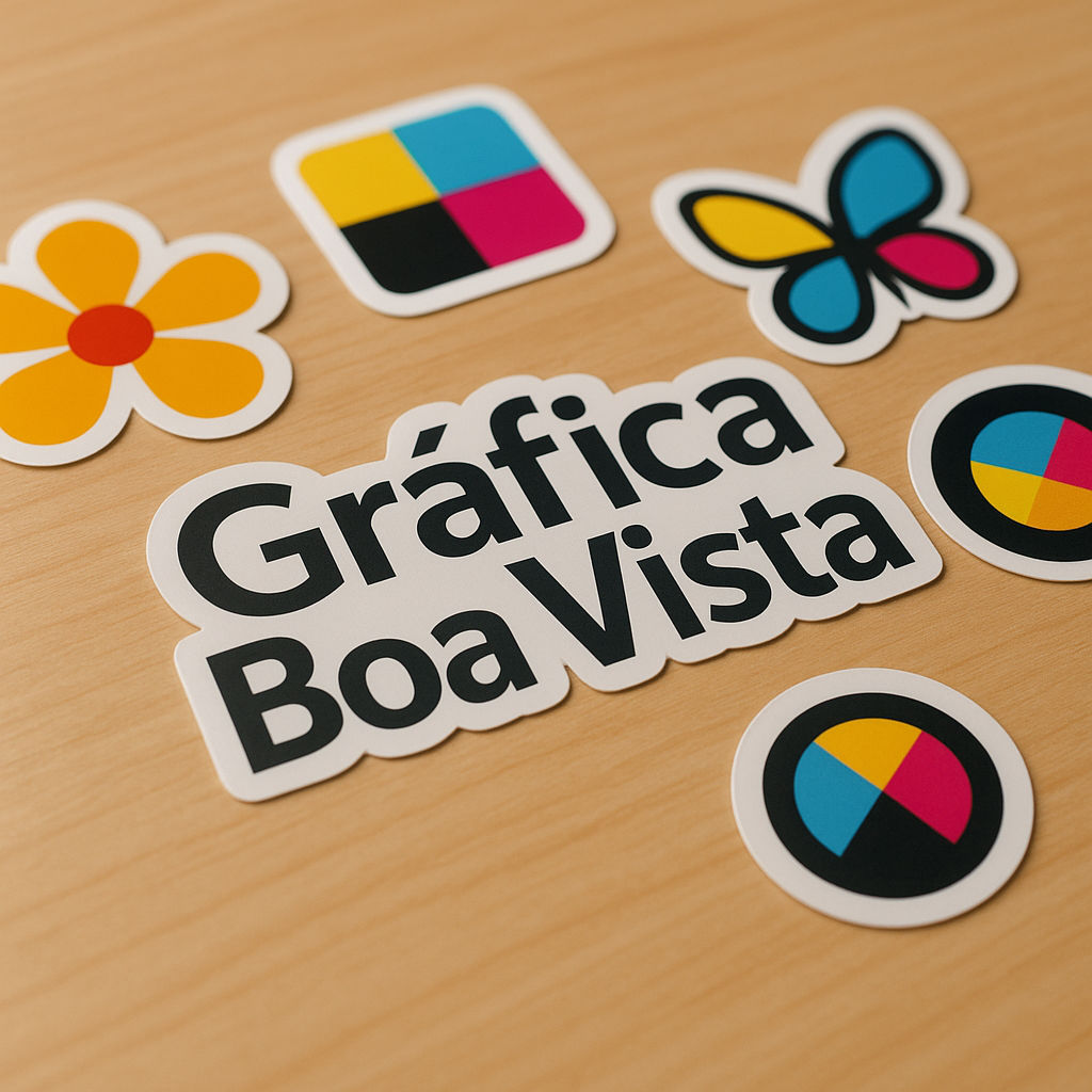 Adesivos vinil personalizados organizados em uma bancada de gráfica, com acabamento profissional