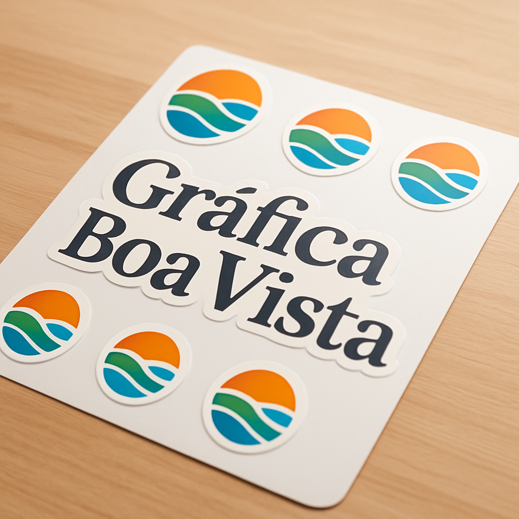 Adesivos vinil personalizados organizados em uma bancada de gráfica, com acabamento profissional