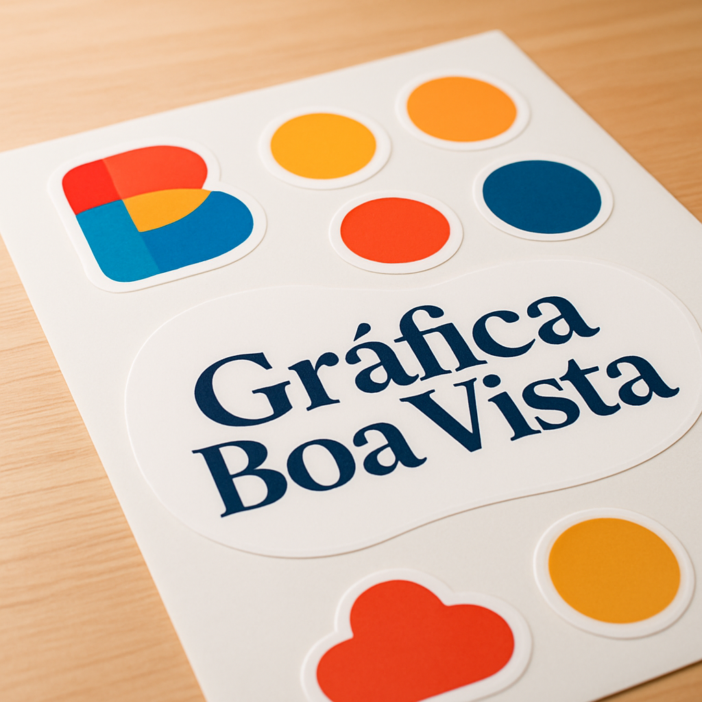Adesivos vinil personalizados organizados em uma bancada de gráfica, com acabamento profissional