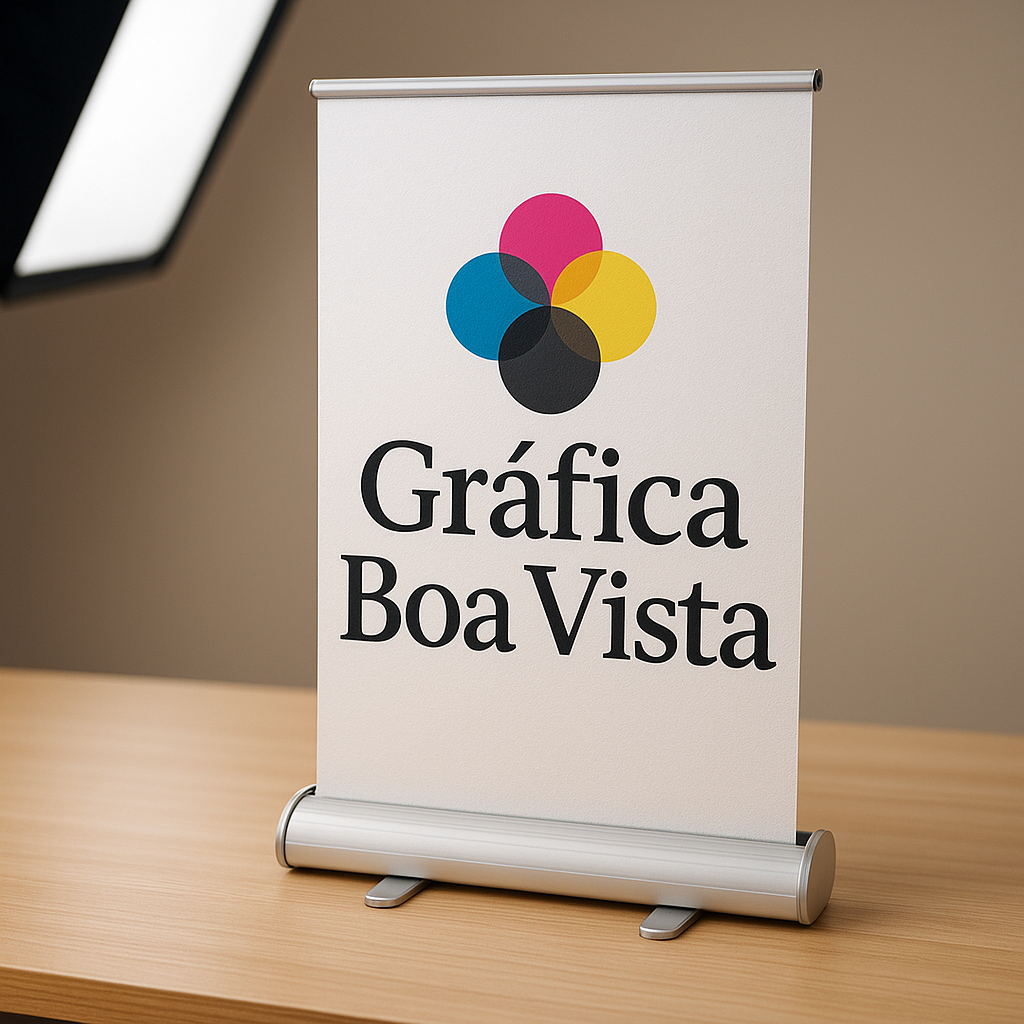 Banner de lona em recepção de clínica, com visual profissional e moderno