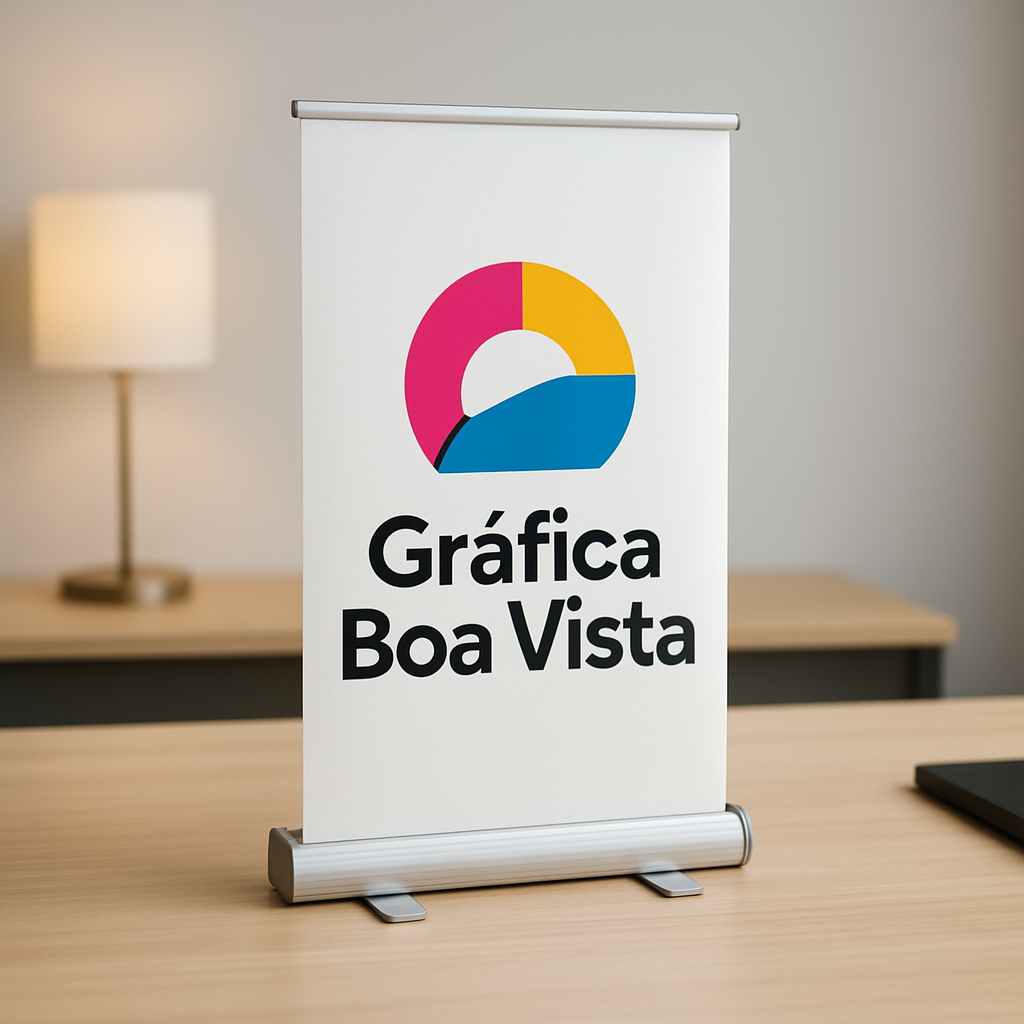 Banner de lona em recepção de clínica, com visual profissional e moderno