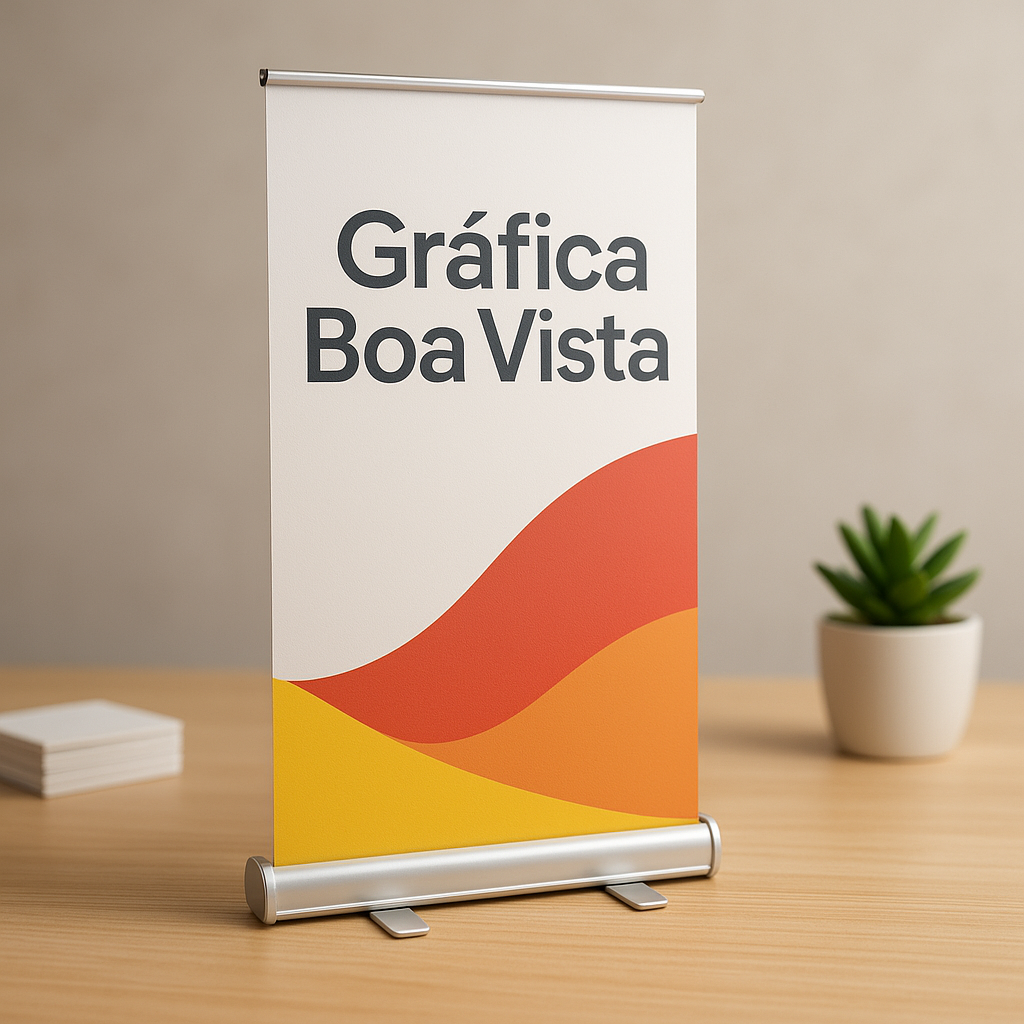 Banner Roll Up profissional em ambiente corporativo, com acabamento de gráfica em Curitiba