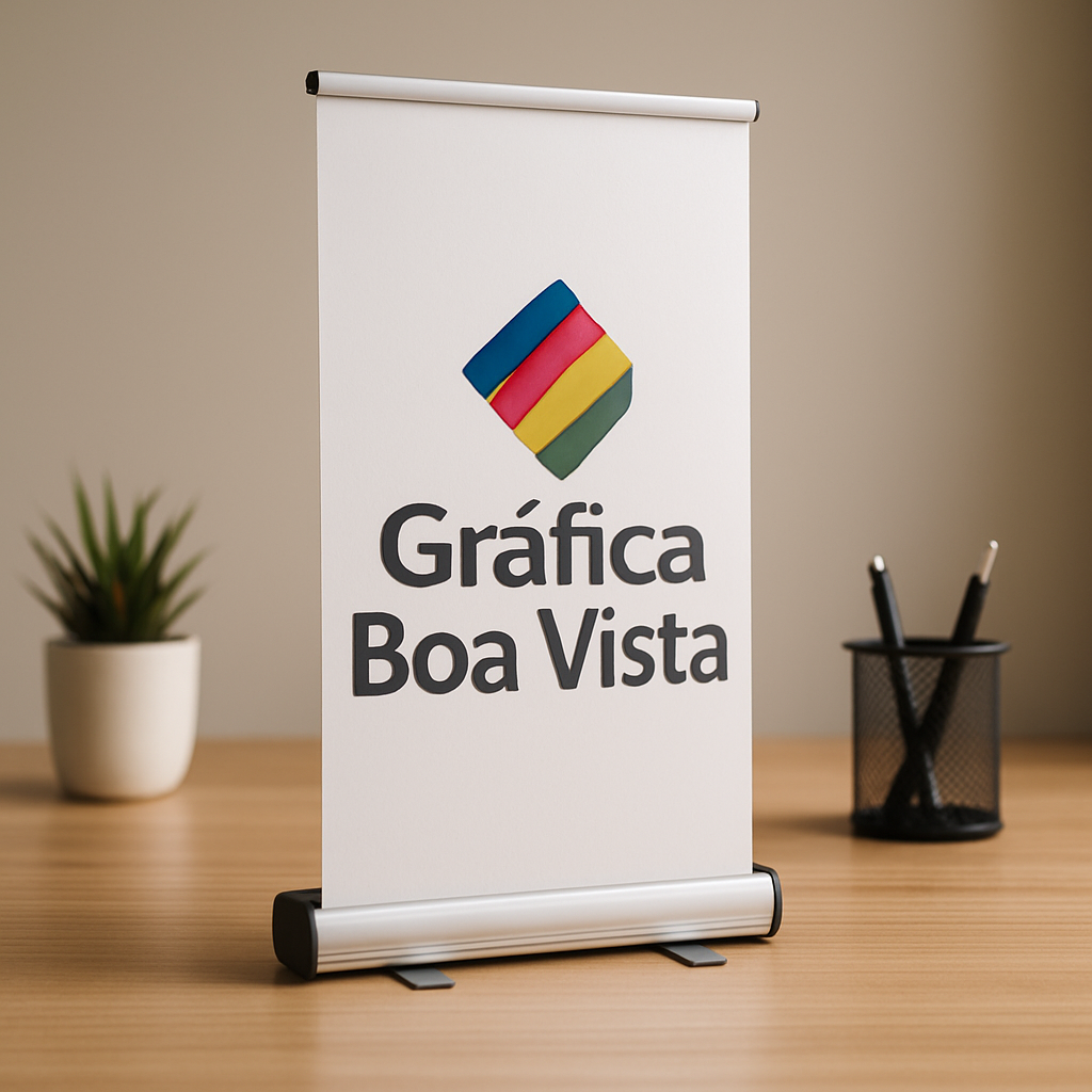 Banner Roll Up profissional em ambiente corporativo, com acabamento de gráfica em Curitiba
