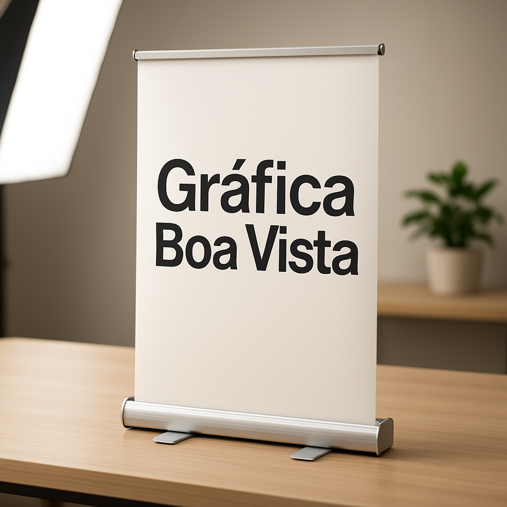 Banner Roll Up profissional em ambiente corporativo, com acabamento de gráfica em Curitiba