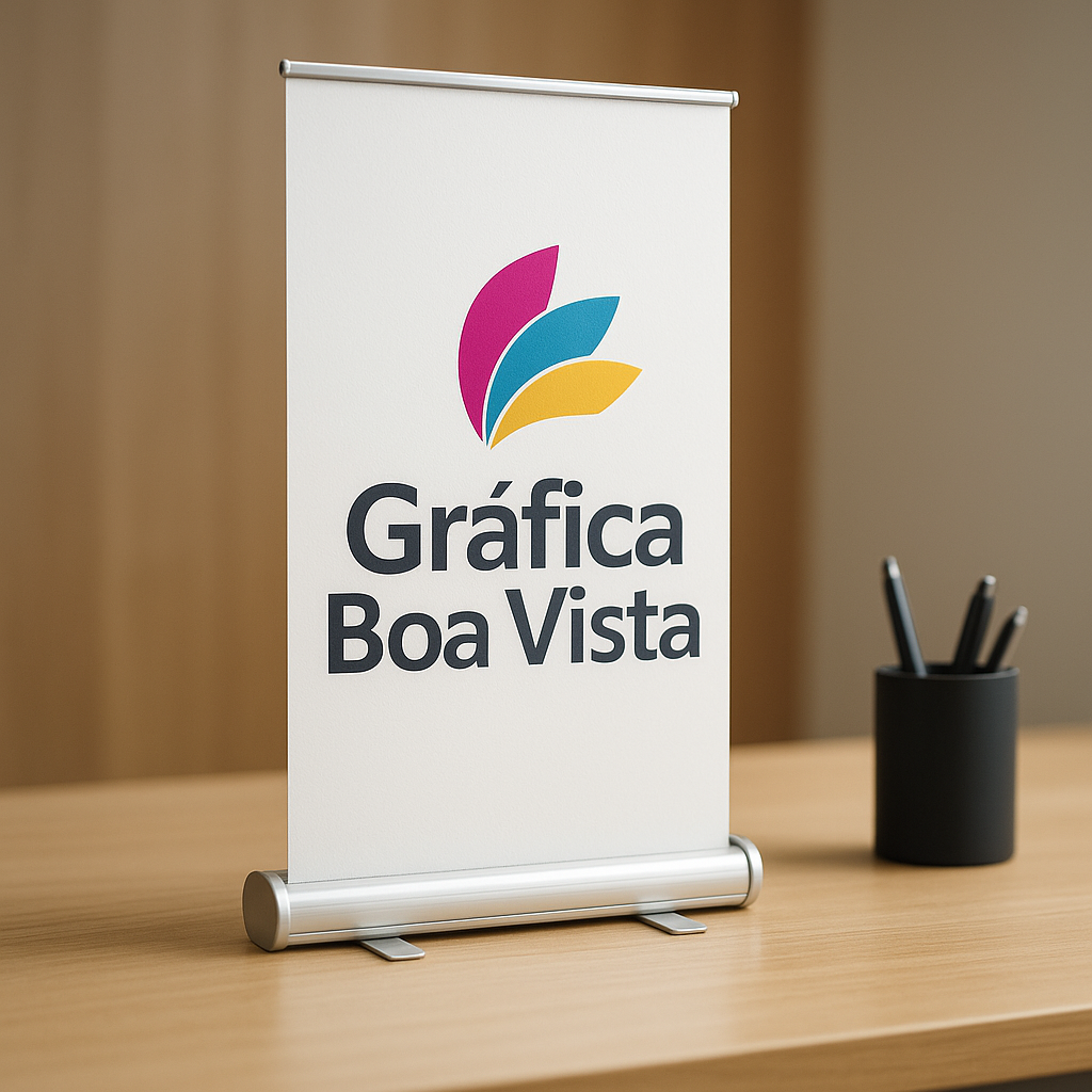 Banner roll up em clínica moderna, com visual limpo e profissional na recepção