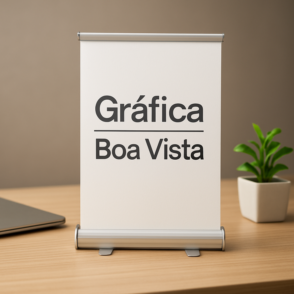 Banner roll up em clínica moderna, com visual limpo e profissional na recepção