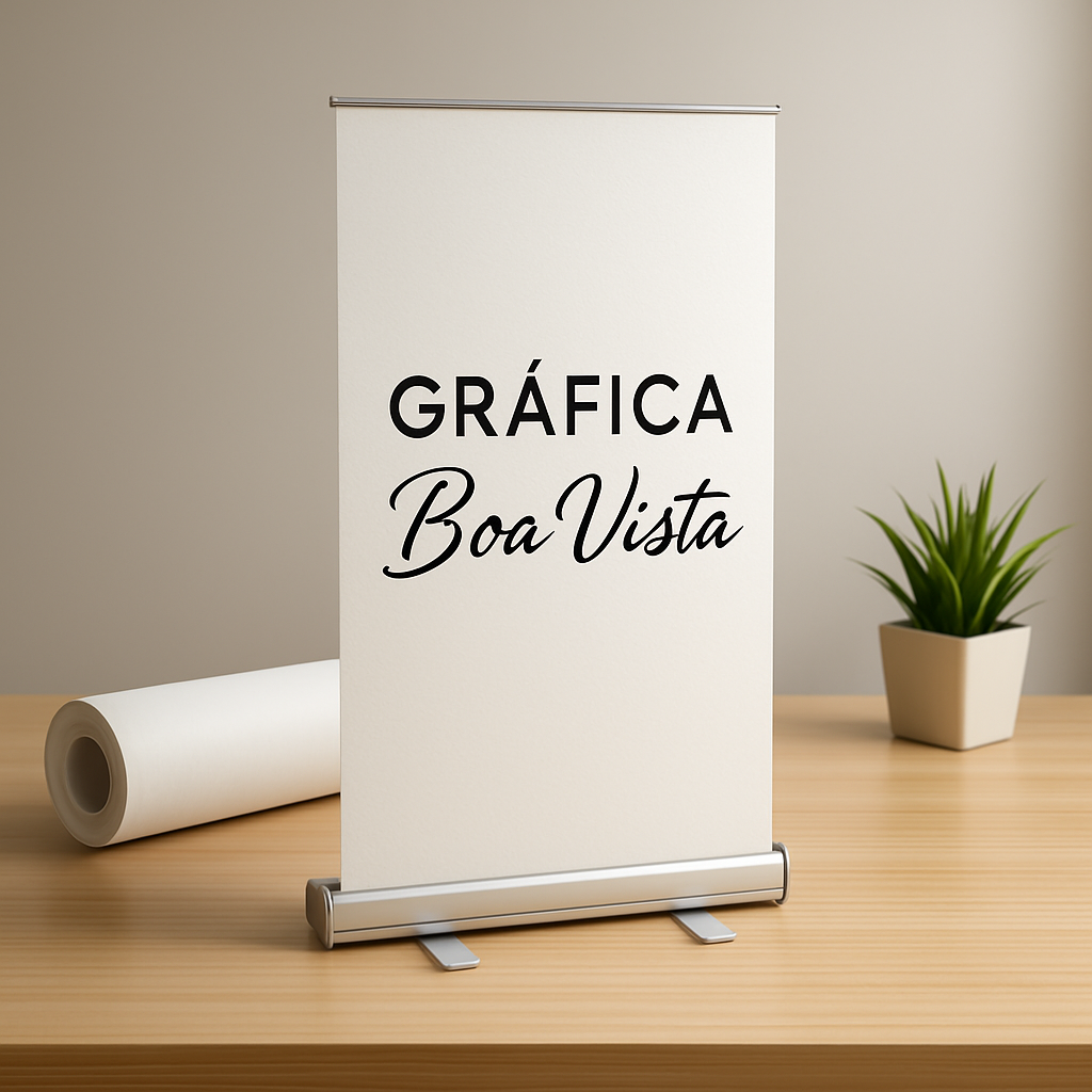 Banner roll up em clínica moderna, com visual limpo e profissional na recepção