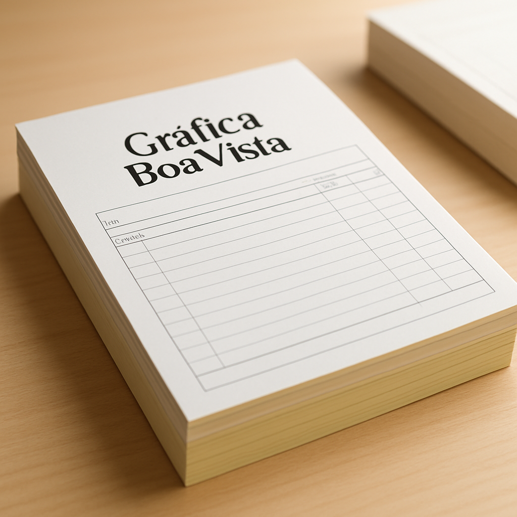Bloco copiativo 2 vias personalizado sobre o balcão de uma gráfica em Curitiba
