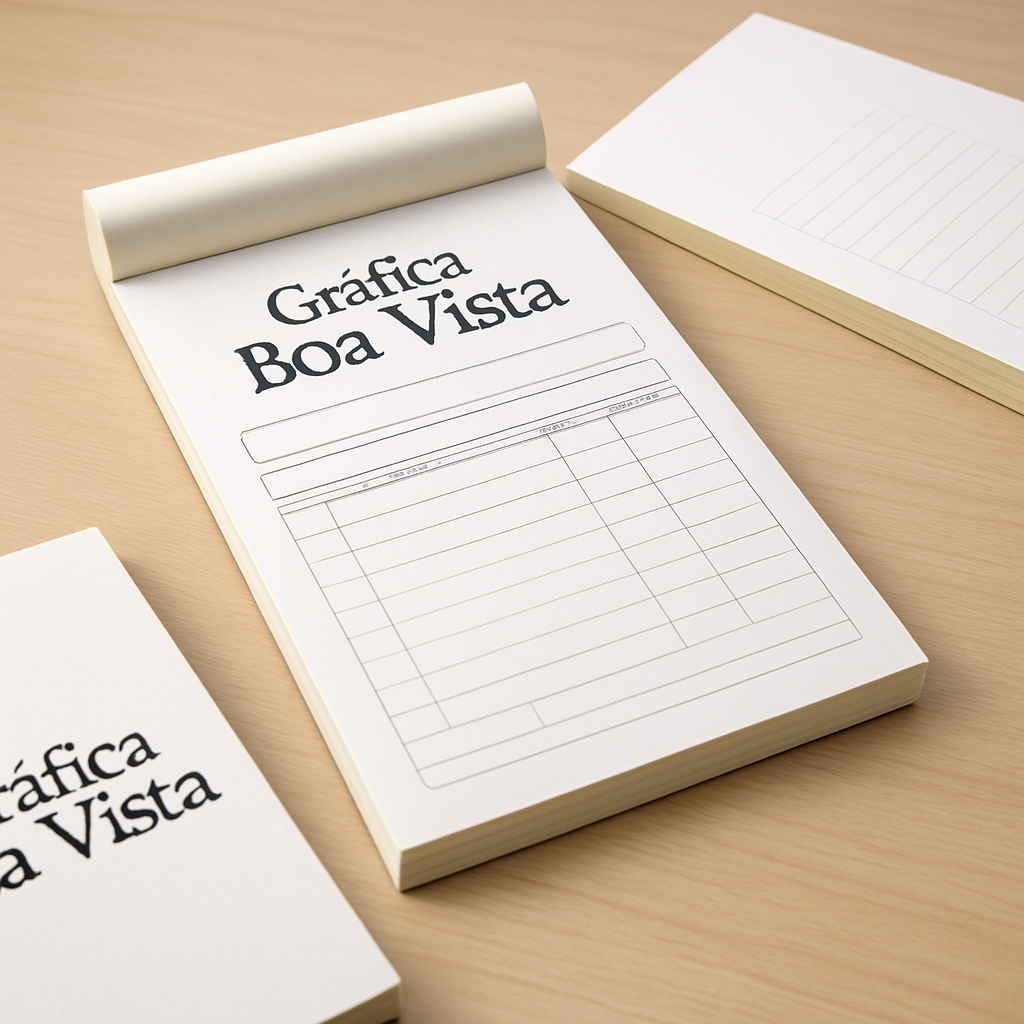 Bloco Copiativo 2 vias personalizado em ambiente profissional sobre mesa