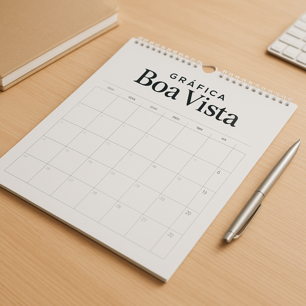 Calendário personalizado em uma recepção de clínica, com modelo de mesa e modelo de parede em ambiente limpo e profissional