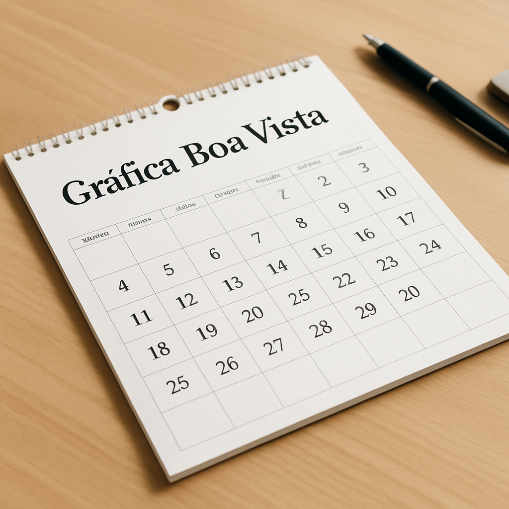 Calendário personalizado em uma recepção de clínica, com modelo de mesa e modelo de parede em ambiente limpo e profissional