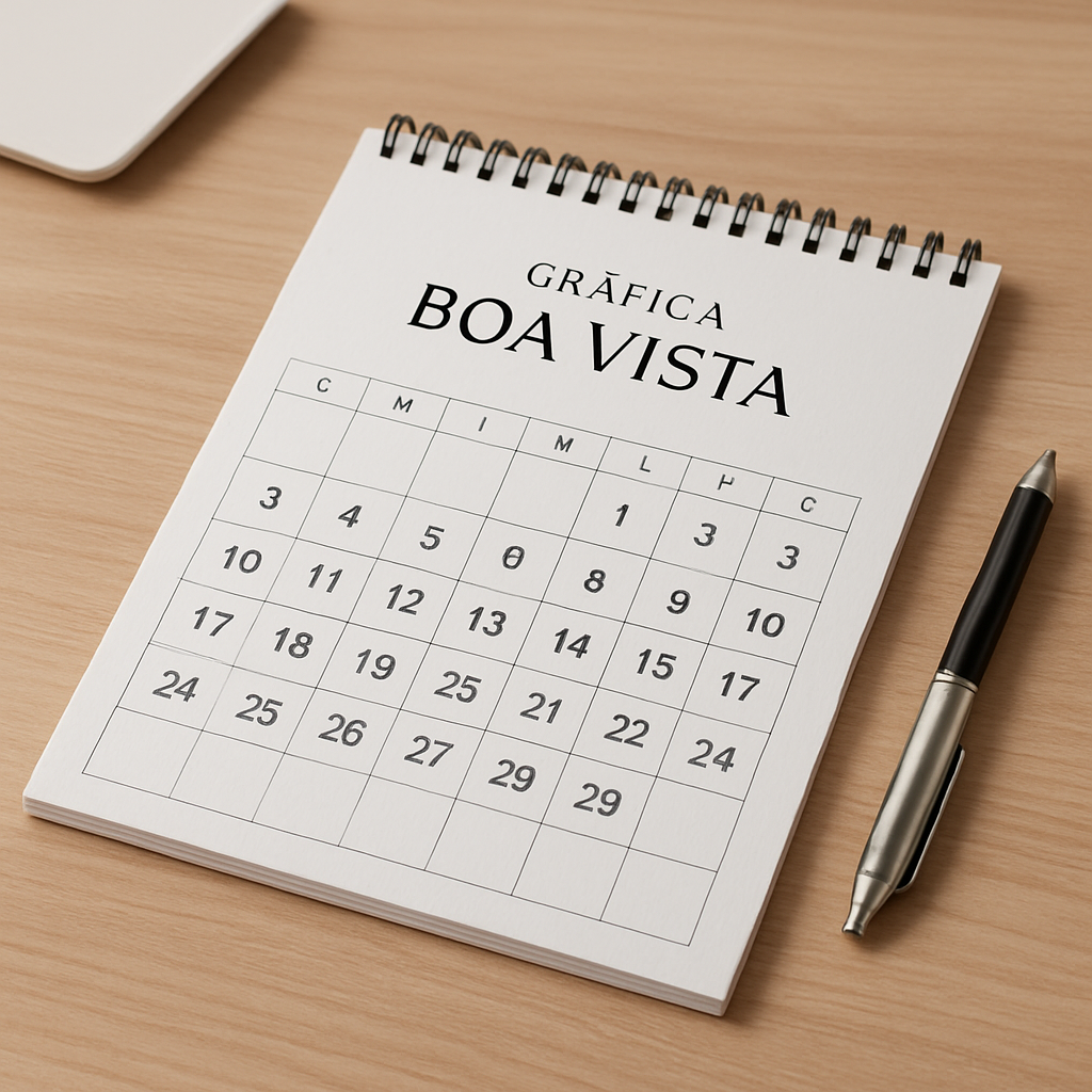 Calendário personalizado em uma recepção de clínica, com modelo de mesa e modelo de parede em ambiente limpo e profissional