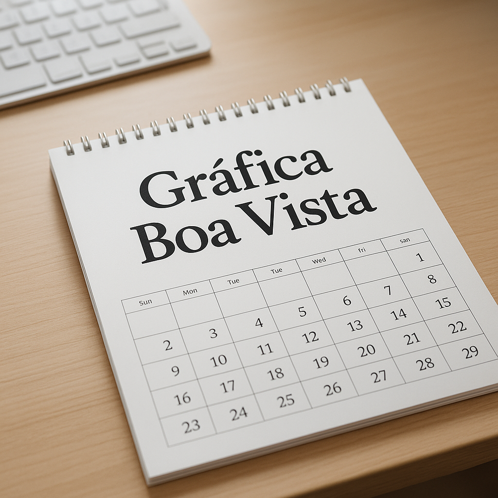 Calendário de mesa e calendário de parede em recepção de clínica, com visual profissional e clean