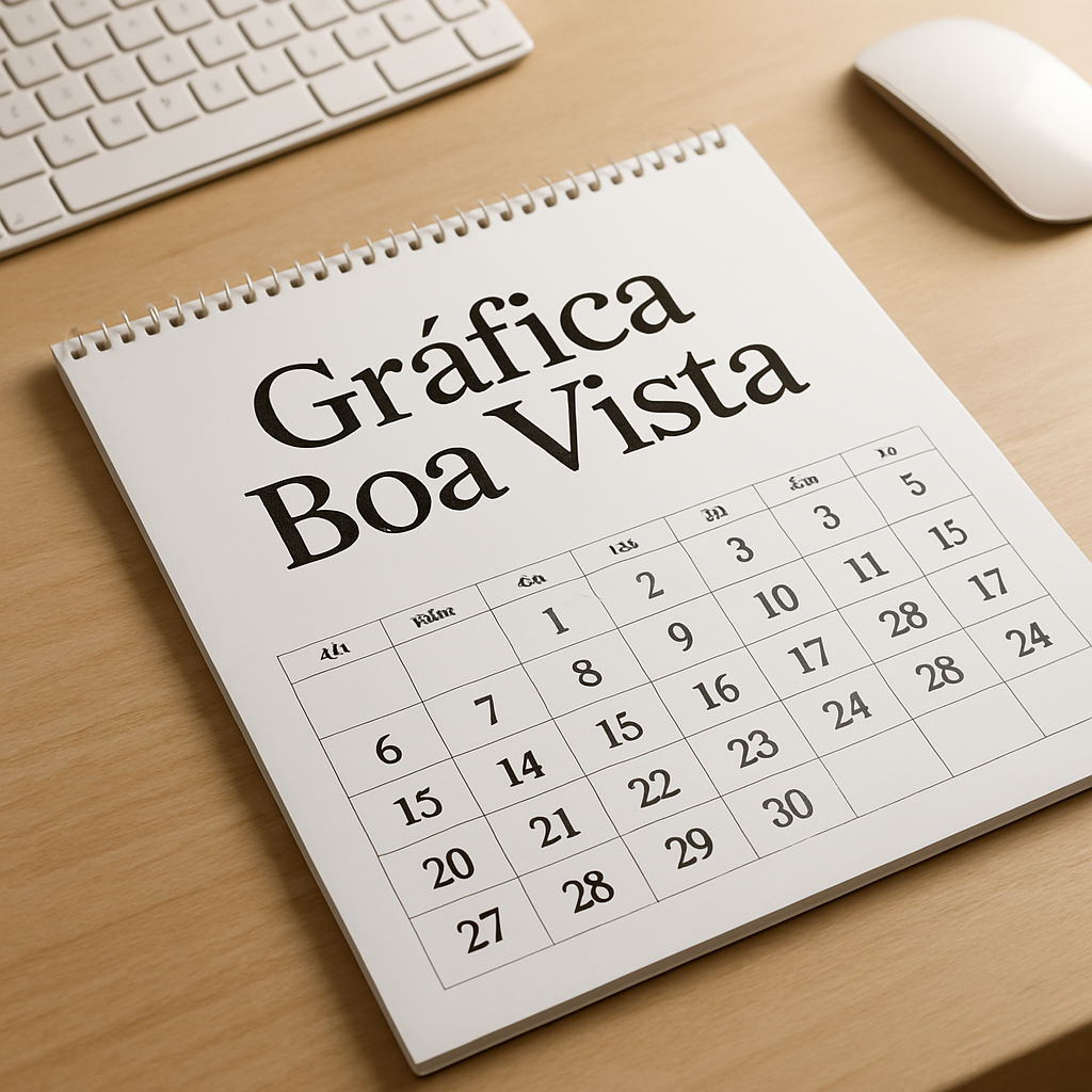 Calendário de mesa e calendário de parede em recepção de clínica, com visual profissional e clean