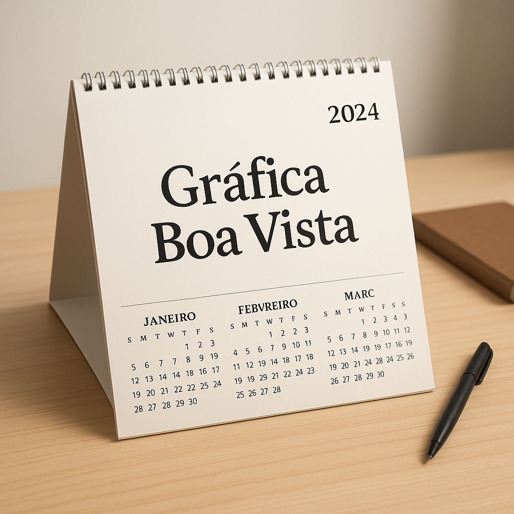 Calendário de mesa e calendário de parede em ambiente de escritório, mostrando opções de impressão da Gráfica Boa Vista em Curitiba