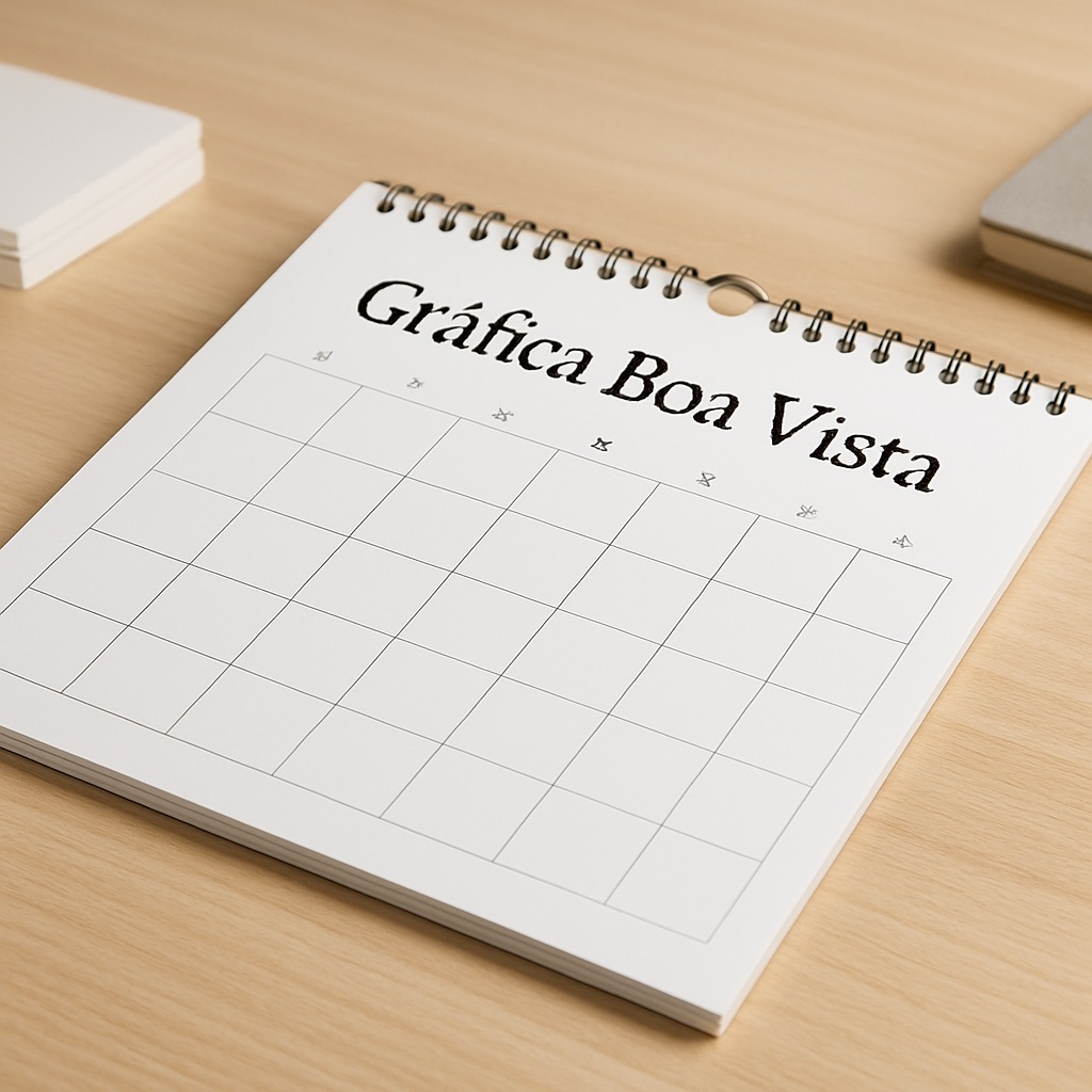 Calendário de mesa e calendário de parede em ambiente de escritório, mostrando opções de impressão da Gráfica Boa Vista em Curitiba