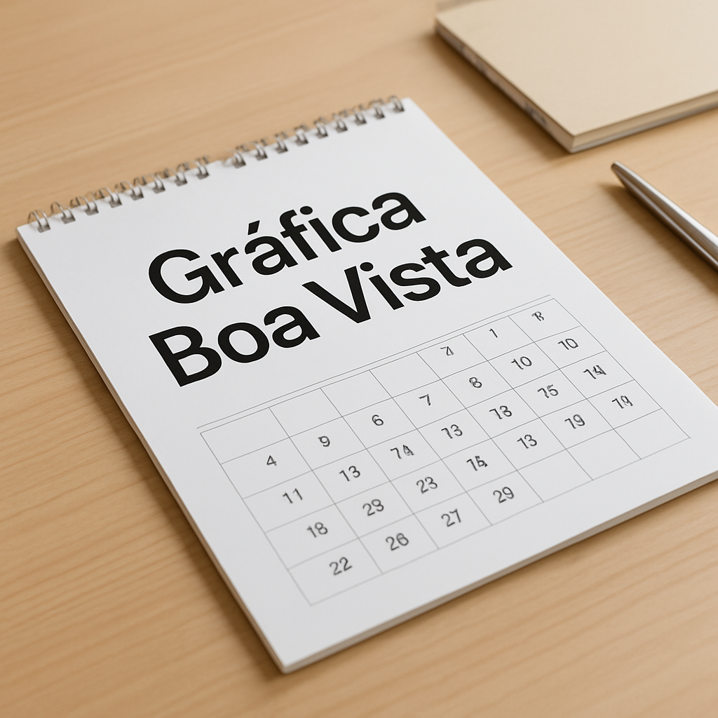 Calendário de mesa e calendário de parede em ambiente de escritório, mostrando opções de impressão da Gráfica Boa Vista em Curitiba