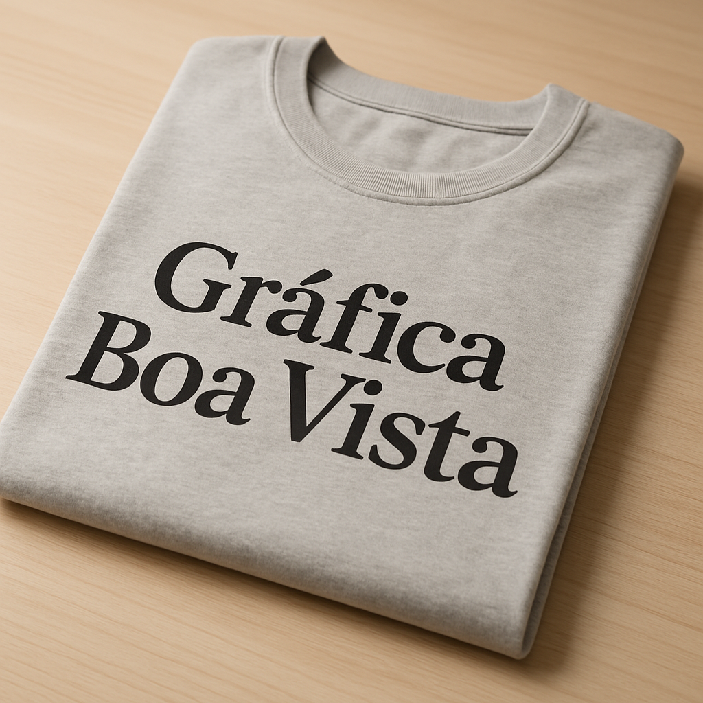 Camiseta personalizada em mesa de gráfica, com acabamento profissional e textura visível