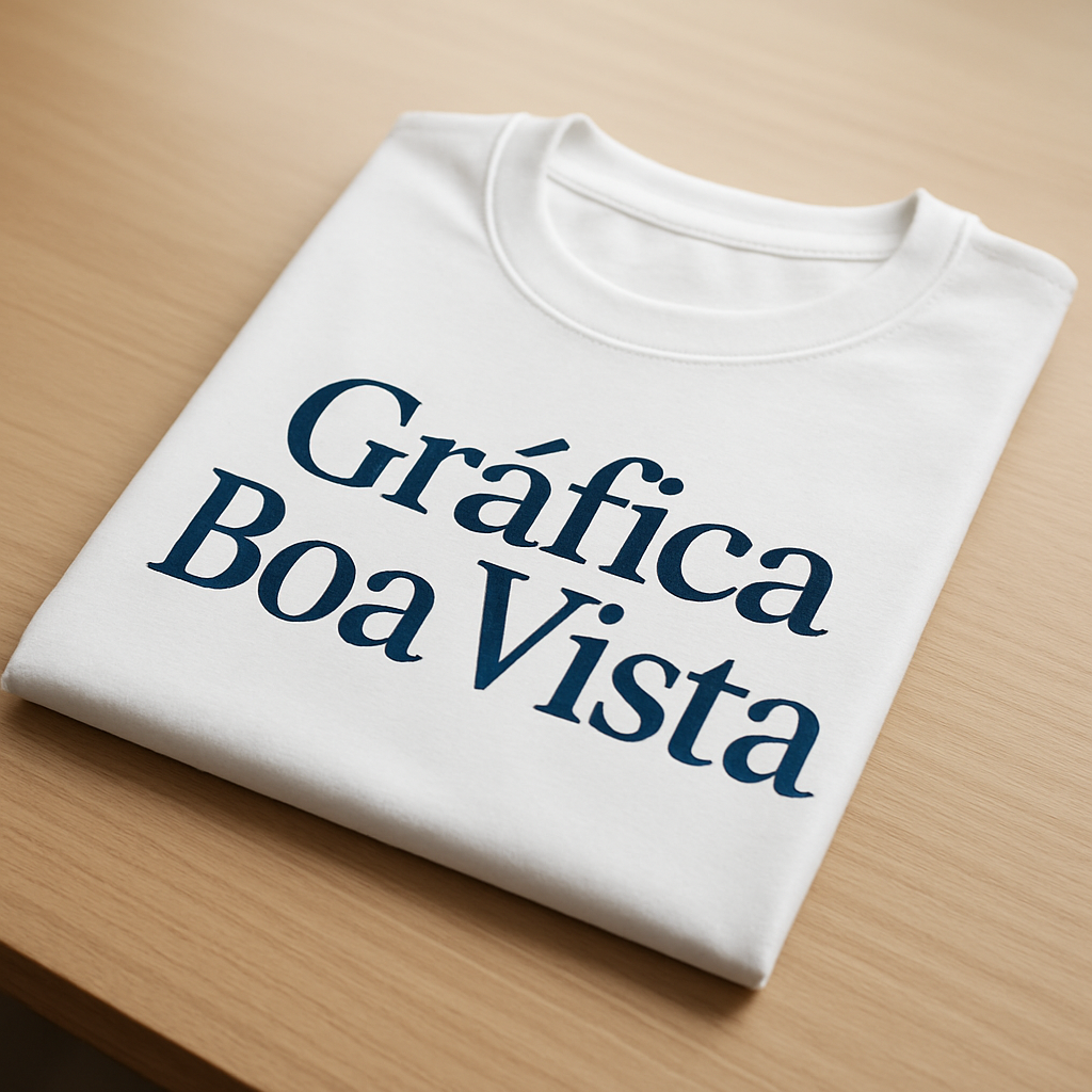 Camiseta personalizada em mesa de gráfica, com acabamento profissional e textura visível