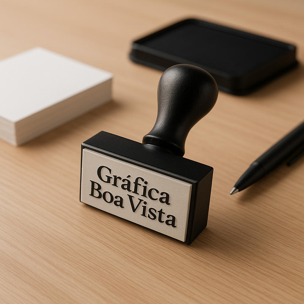 Carimbos personalizados em exposição em gráfica de Curitiba, com foco em qualidade e acabamento profissional