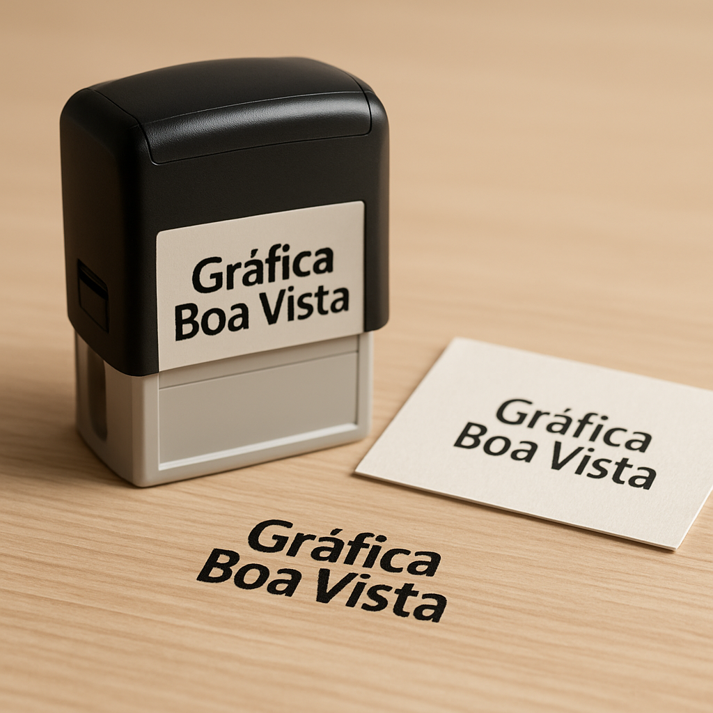 Carimbos personalizados em exposição em gráfica de Curitiba, com foco em qualidade e acabamento profissional