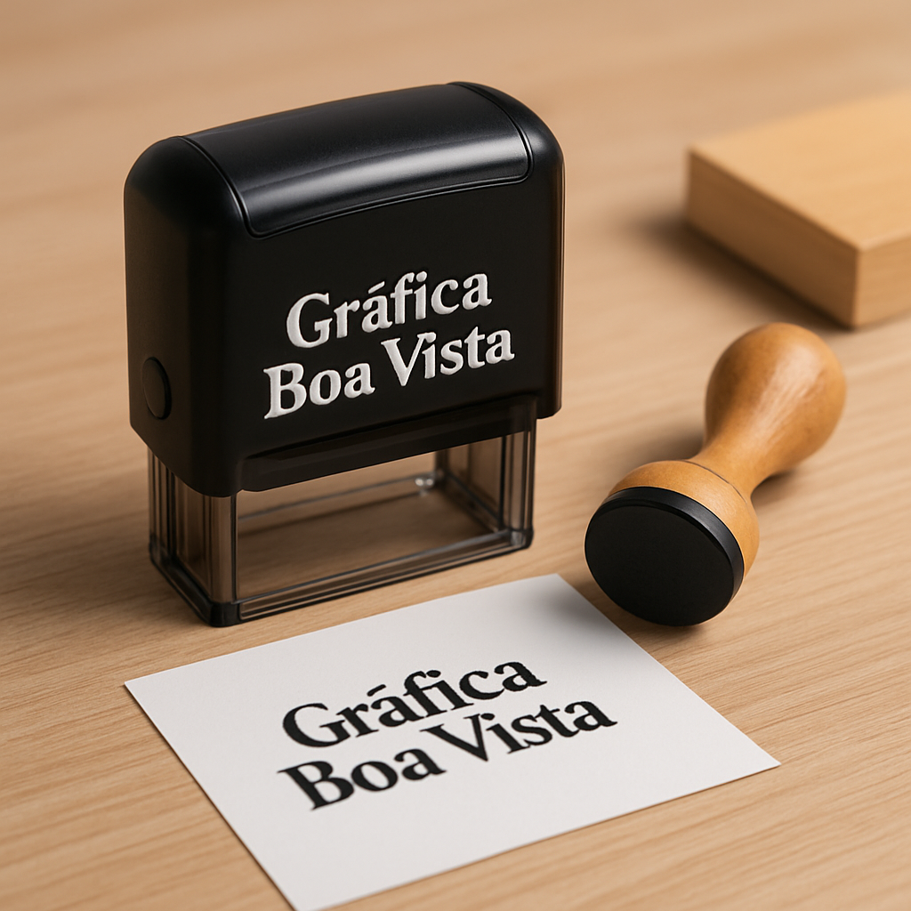 Carimbos personalizados em exposição em gráfica de Curitiba, com foco em qualidade e acabamento profissional