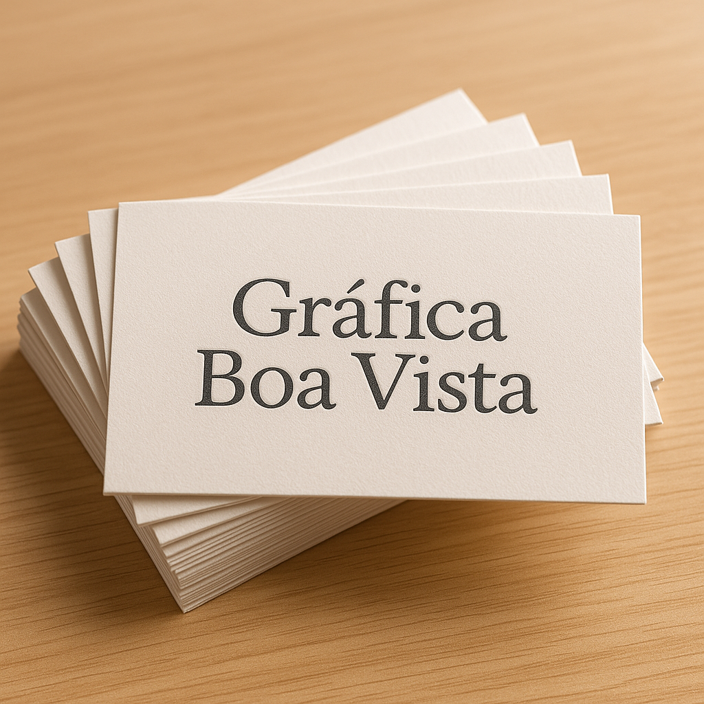 Cartões de visita profissionais organizados em uma mesa limpa em uma gráfica de Curitiba