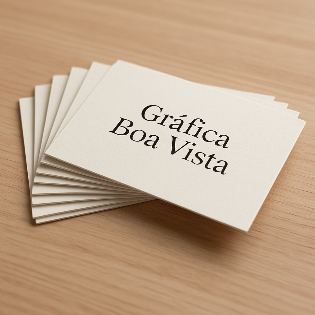 Cartões de visita profissionais organizados em uma mesa limpa em uma gráfica de Curitiba