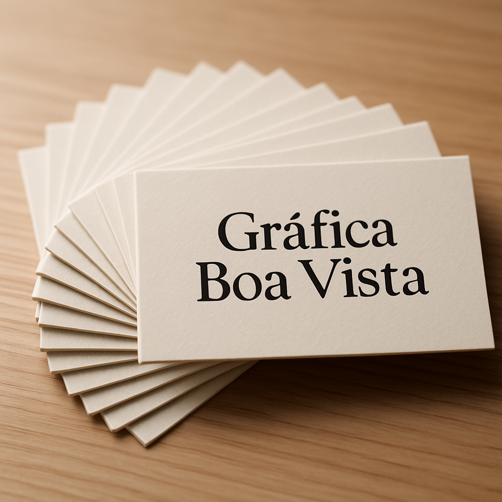 Cartões de visita profissionais organizados em uma mesa limpa em uma gráfica de Curitiba