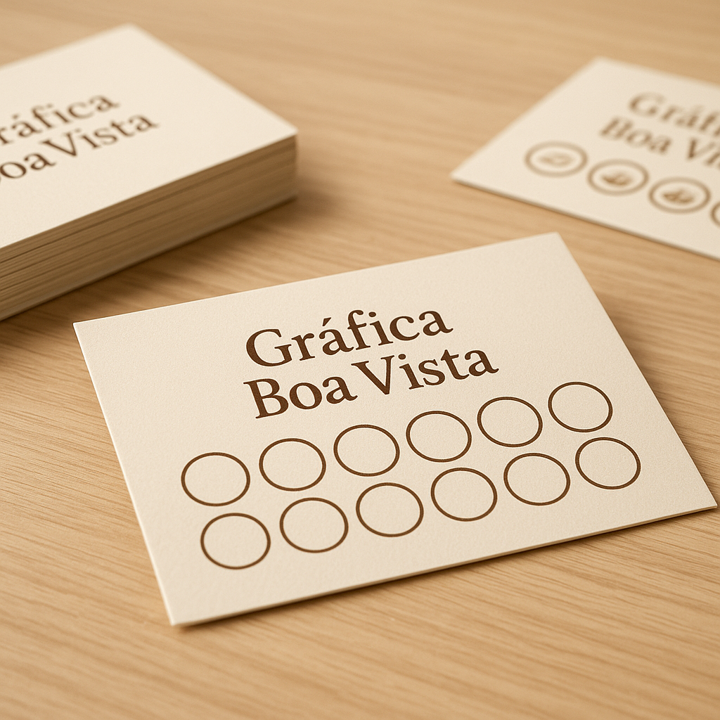 Cartões fidelidade impressos em gráfica de Curitiba, sobre mesa de produção profissional