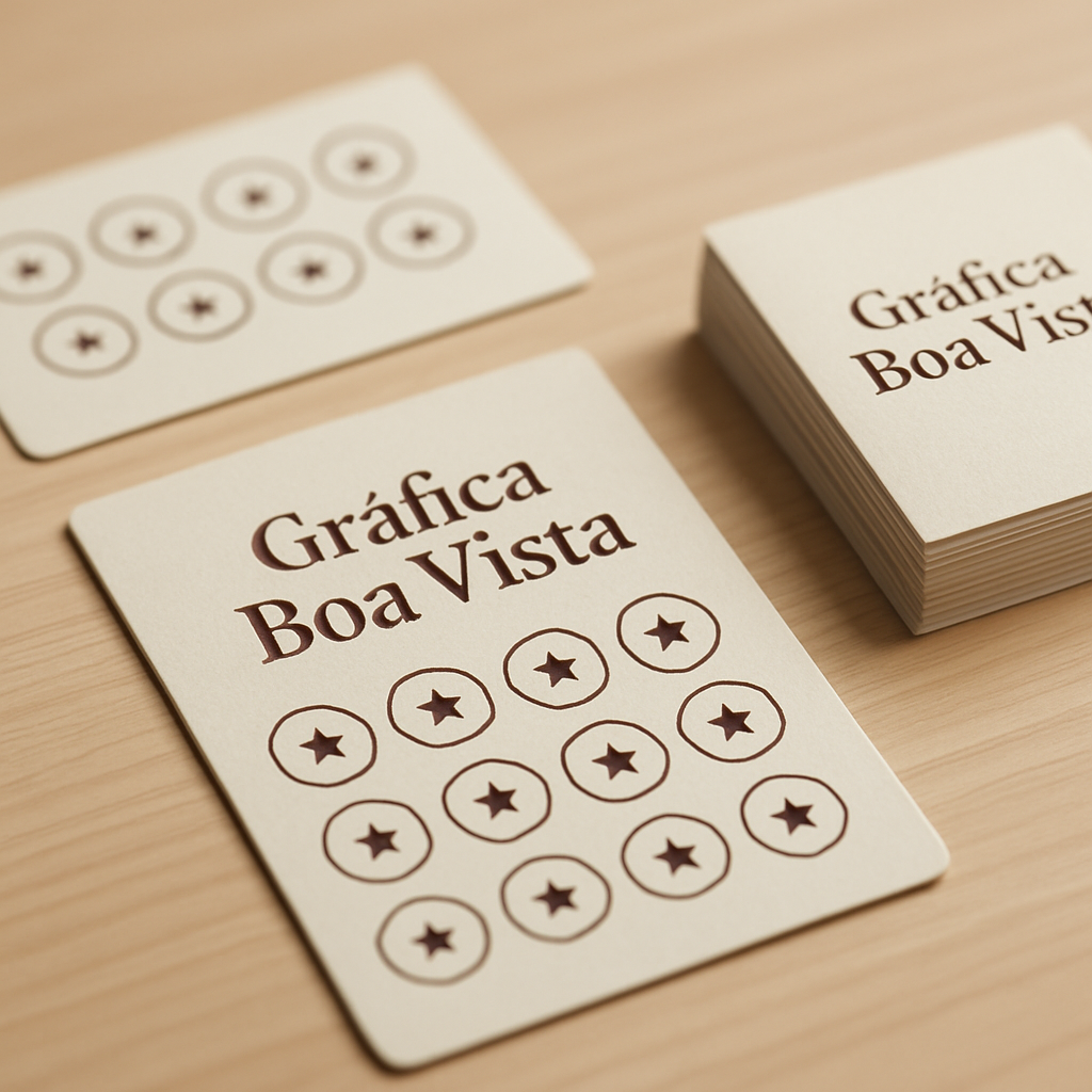 Cartões fidelidade impressos em gráfica de Curitiba, sobre mesa de produção profissional