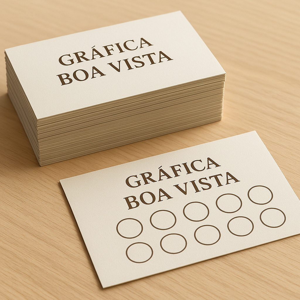 Cartões fidelidade impressos em mesa de gráfica, com acabamento profissional e papel rígido