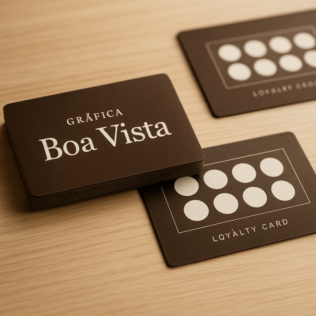 Cartões fidelidade impressos em mesa de gráfica, com acabamento profissional e papel rígido