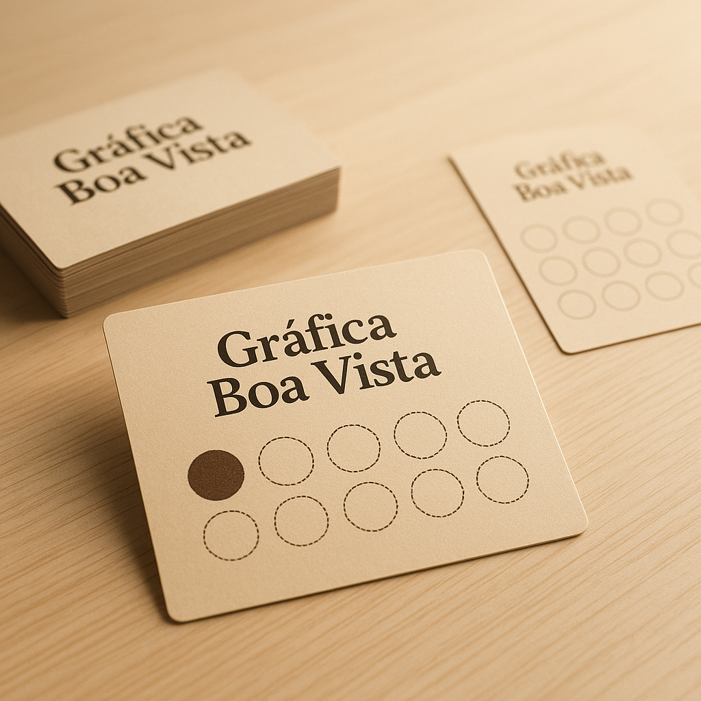 Cartões fidelidade impressos em papel rígido sobre uma mesa, com aparência profissional e acabamento de gráfica.