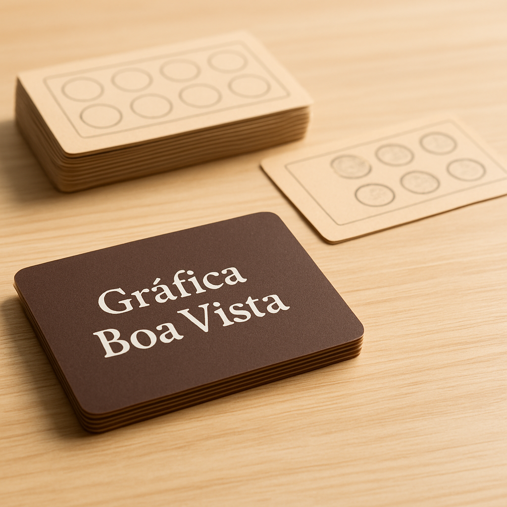 Cartões fidelidade impressos em papel rígido sobre uma mesa, com aparência profissional e acabamento de gráfica.