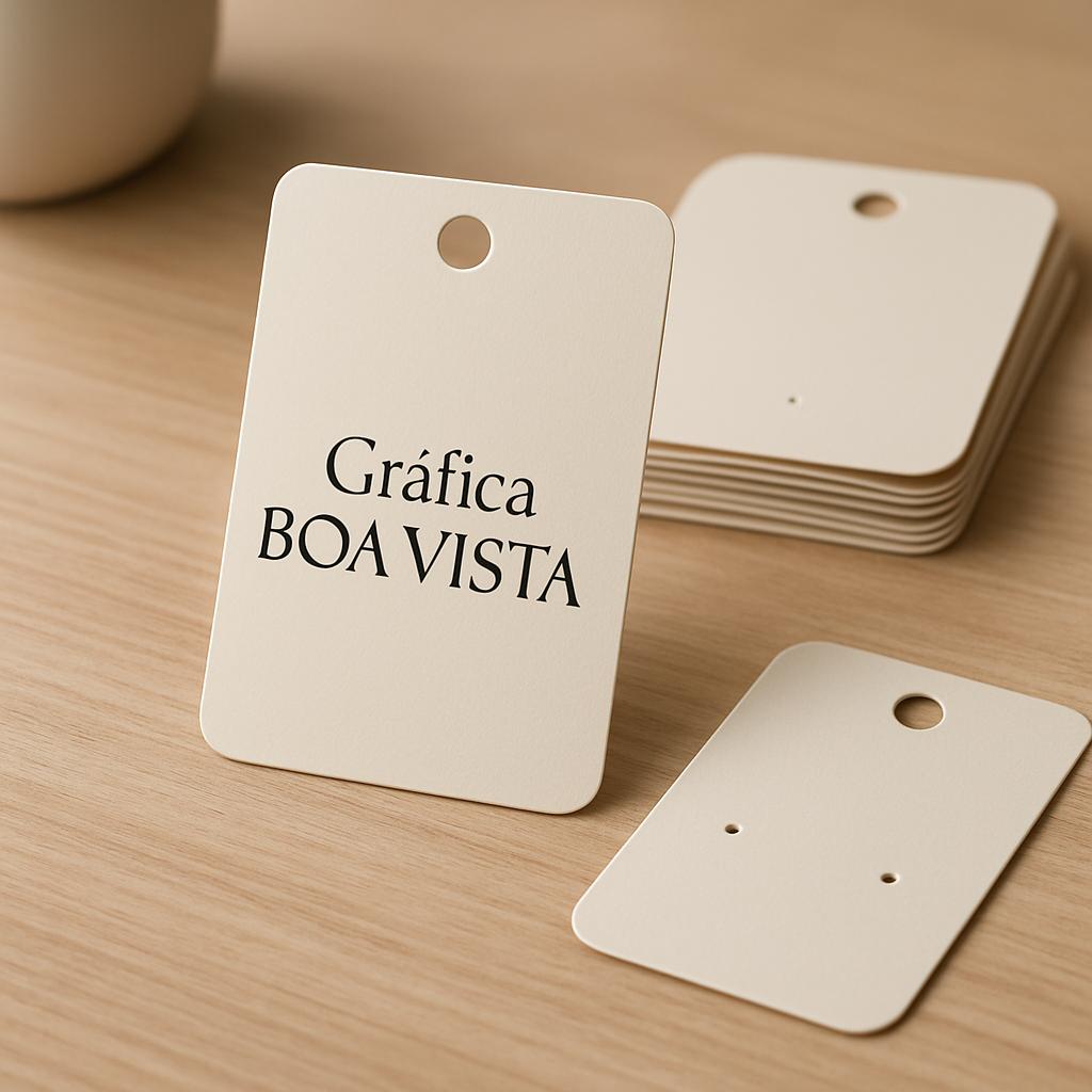 Cartelas para bijuteria personalizadas organizadas em bancada de gráfica em Curitiba