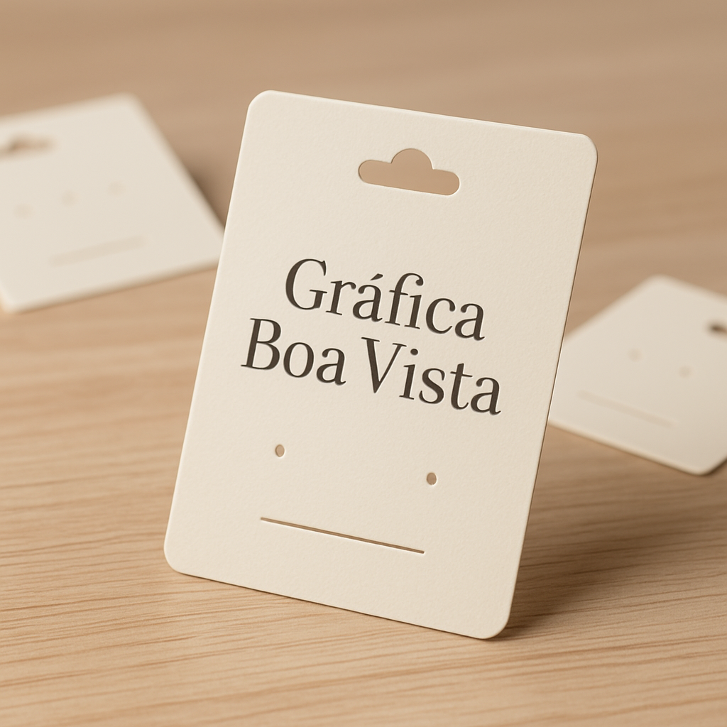 Cartelas para bijuteria personalizadas organizadas em bancada de gráfica em Curitiba