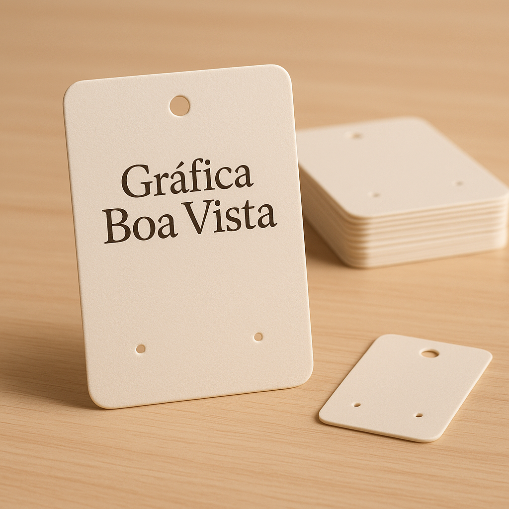 Cartelas para bijuteria personalizadas em uma mesa de gráfica, com acabamento profissional