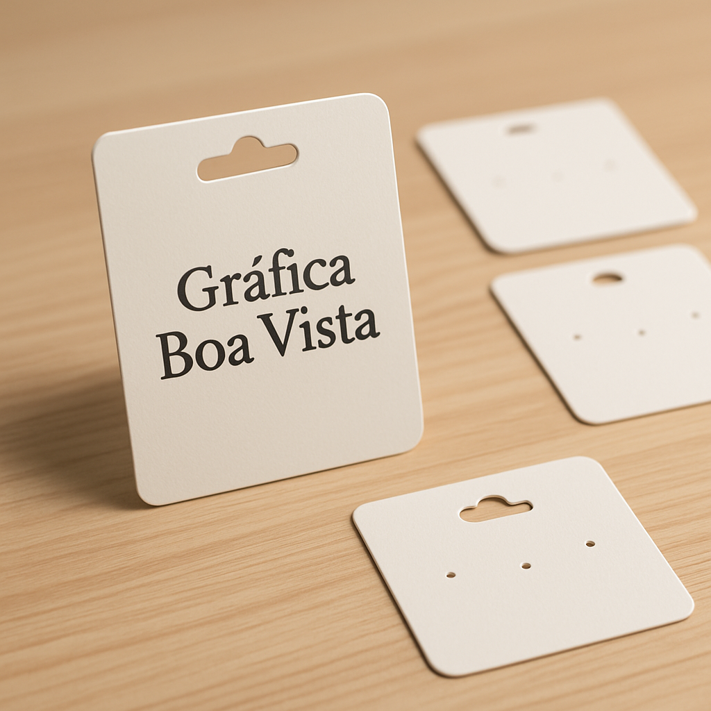 Cartelas para bijuteria personalizadas em uma mesa de gráfica, com acabamento profissional