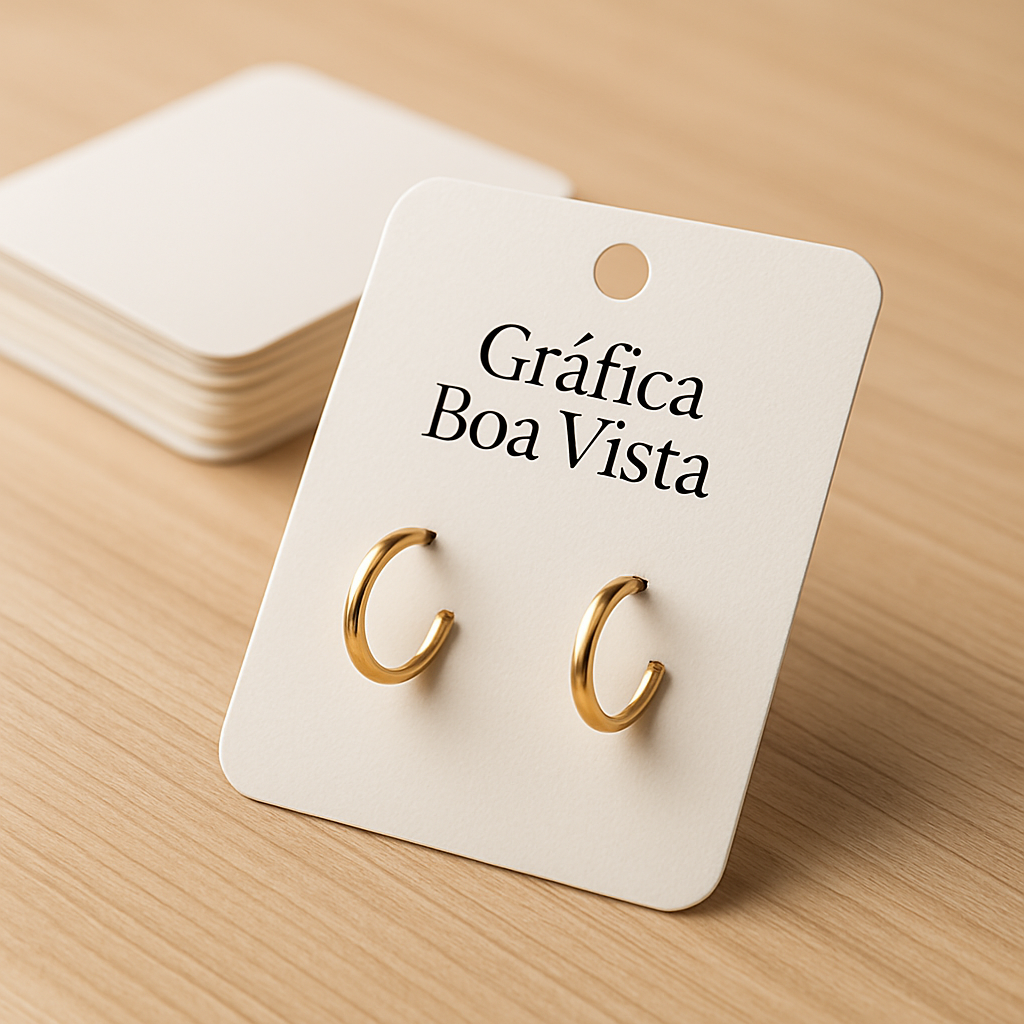 Cartelas para bijuteria personalizadas em uma mesa de gráfica, com acabamento profissional