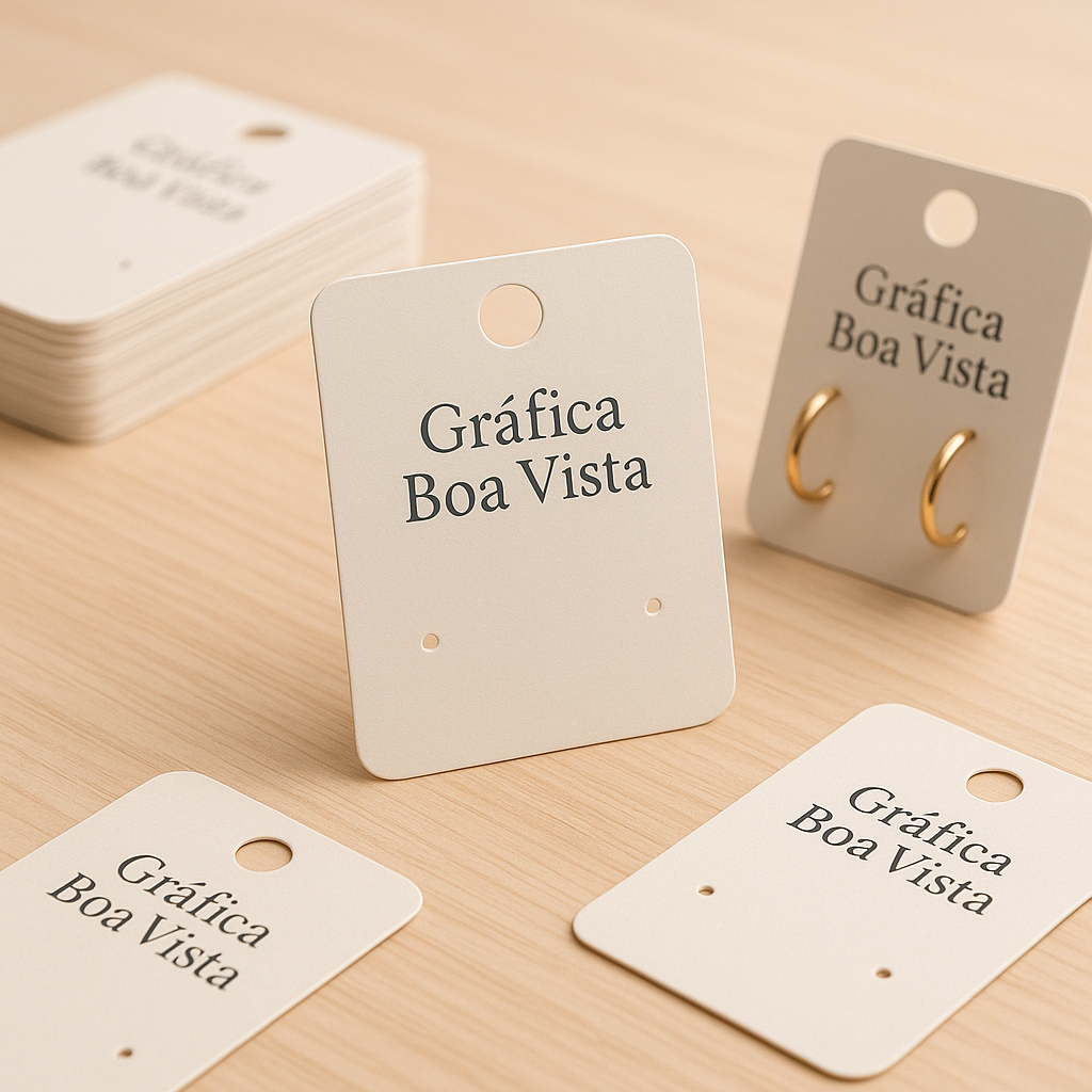 Cartelas personalizadas para bijuteria com brincos, em diferentes tamanhos e acabamento fosco