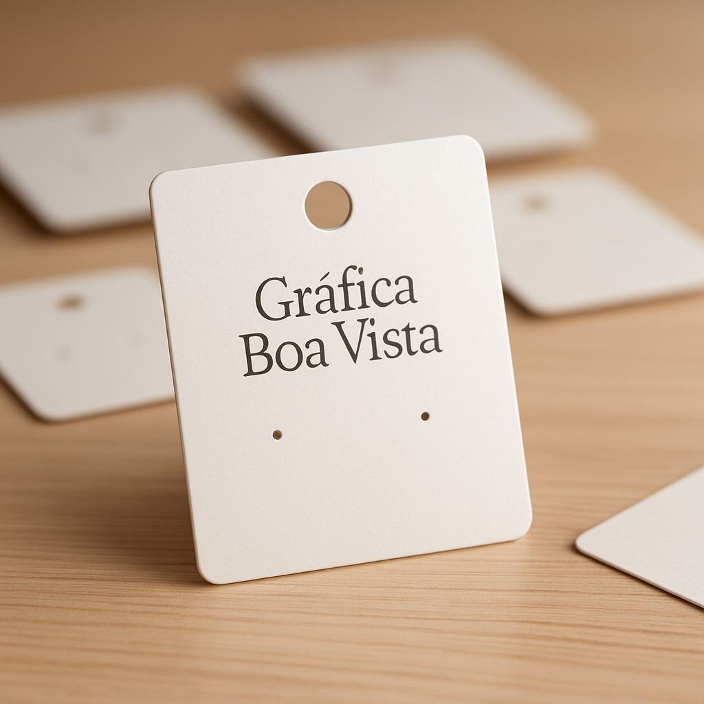 Cartelas personalizadas para bijuteria com brincos, em diferentes tamanhos e acabamento fosco