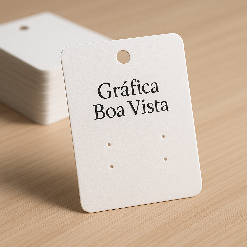 Cartelas para bijuteria impressas em mesa de produção, com acabamento profissional e peças pequenas fixadas