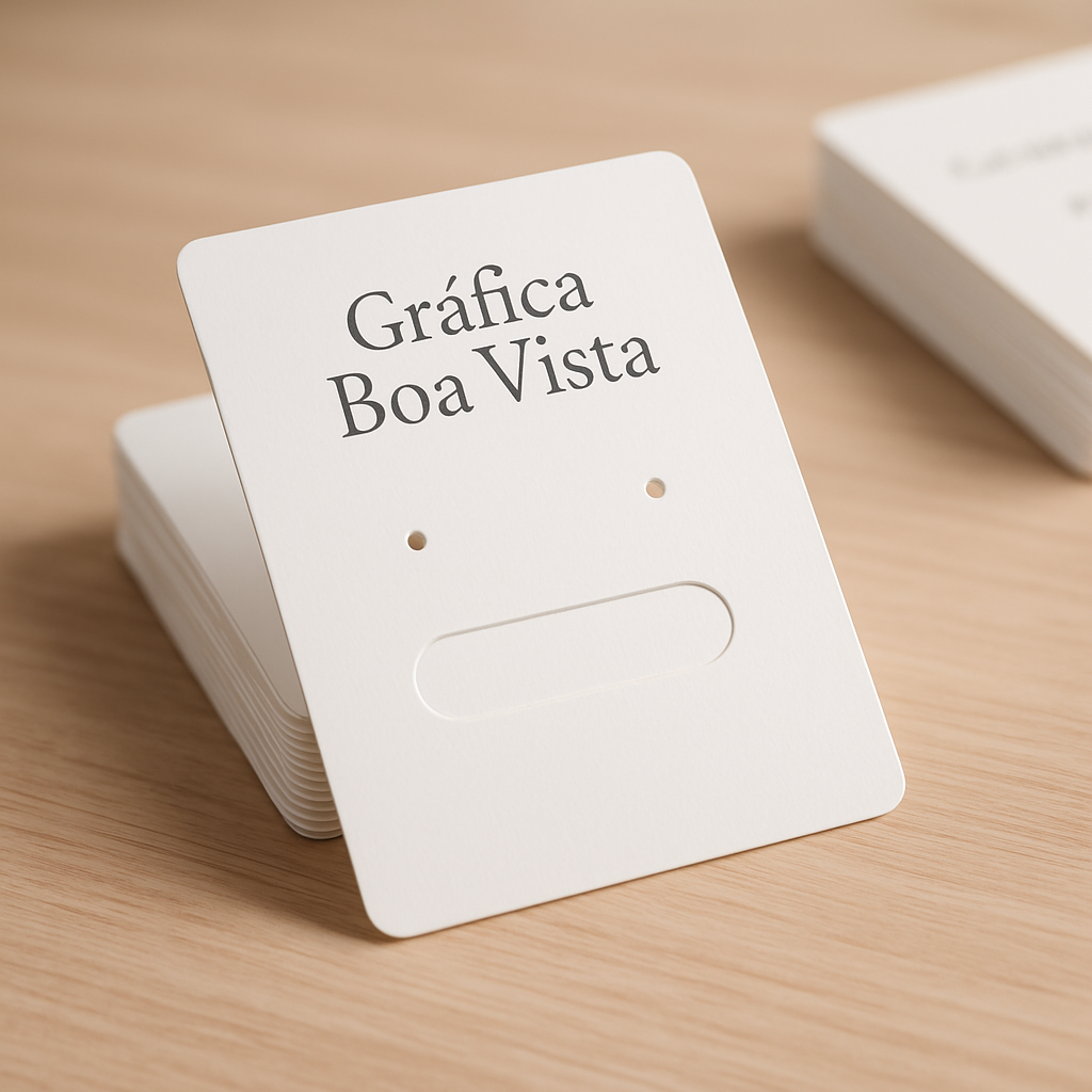 Cartelas para bijuteria impressas em mesa de produção, com acabamento profissional e peças pequenas fixadas